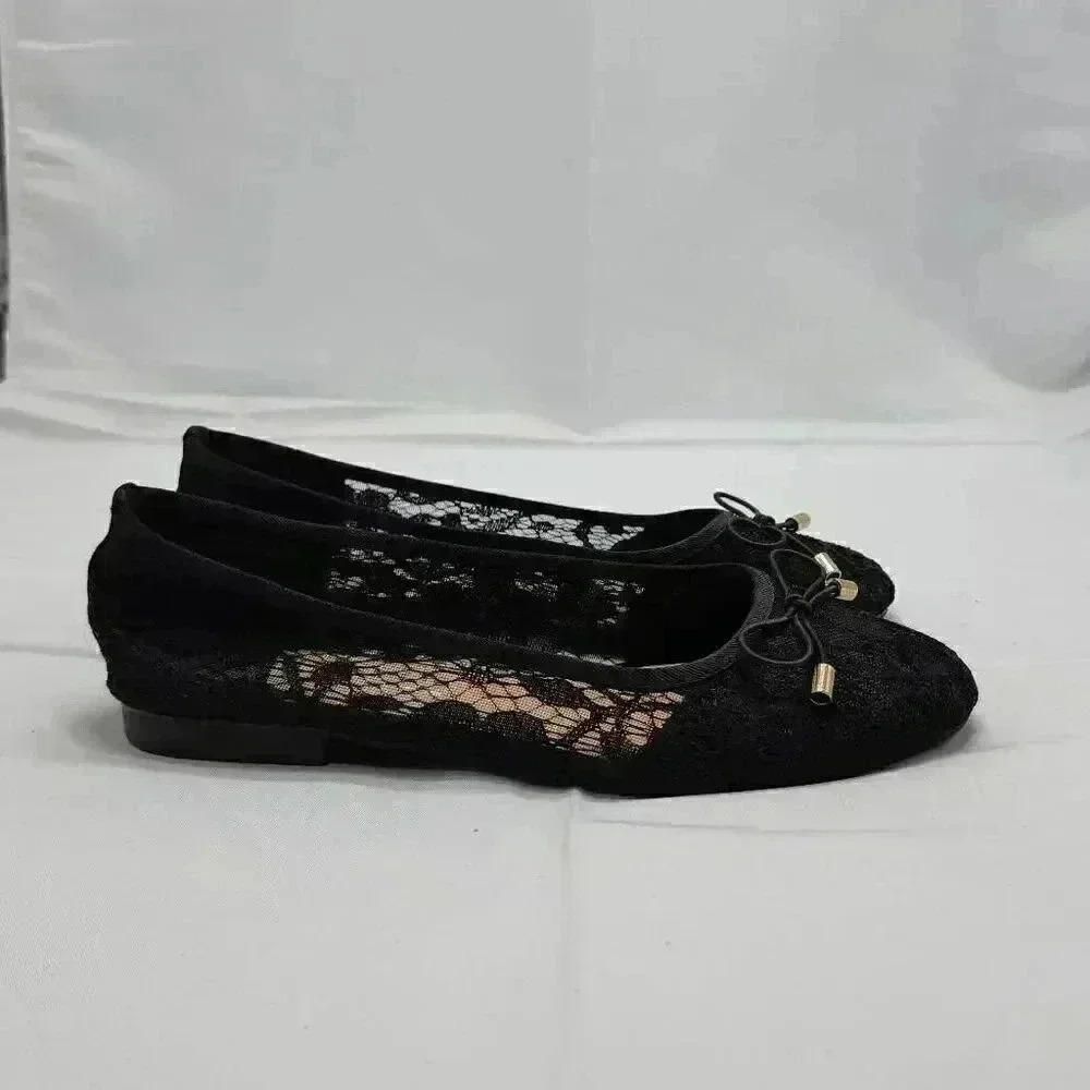 Musshoe Womens Bowknot Lace Round Toe Slip-On Ballet Flat Shoes Black Size 6.5